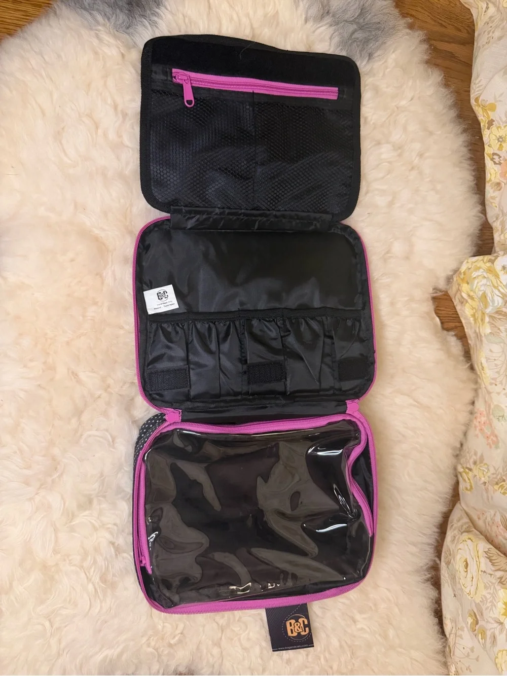 Black Polka Dot Cosmetic Pouch with Pink Trim